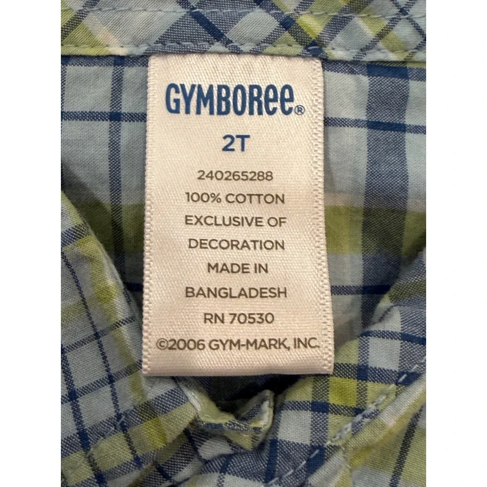 2006 Gymboree Boys Blue Green Plaid Dinosaur Applique Button Down Shirt 2T VTG